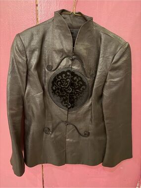 Black Faux Leather Mandarin-Style Women's Jacket with Embroidered Medallion